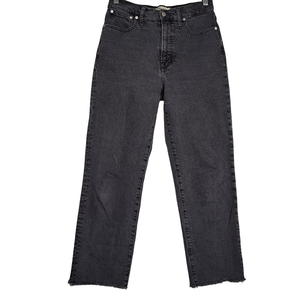 Madewell Womens 27 Black High Rise Straight Jeans Raw Hem Faded Wash‎ Denim
